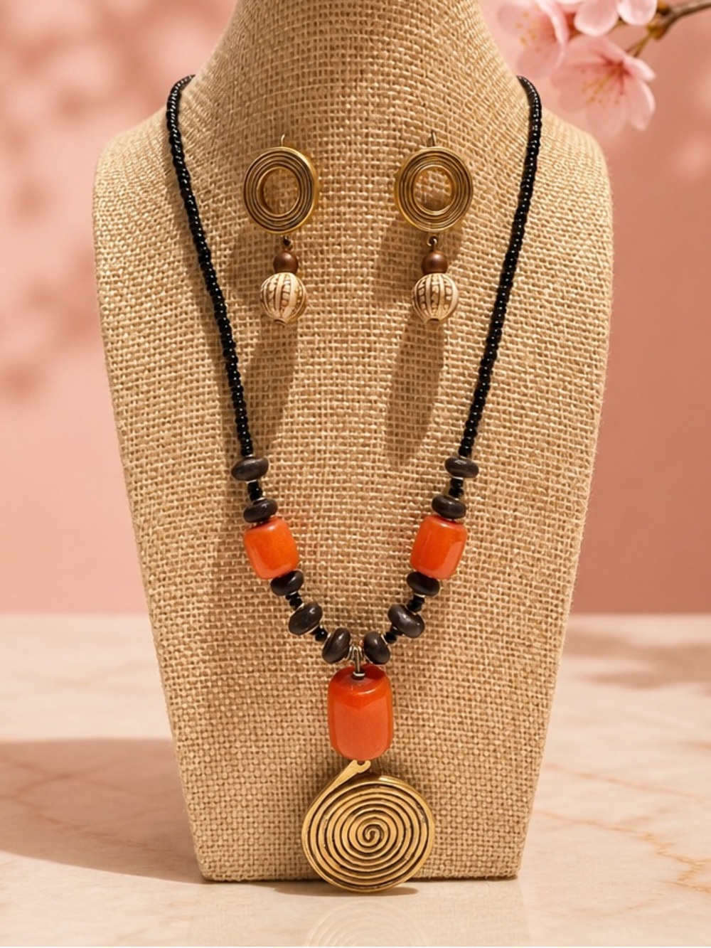 VTG Signed Brass Statement Swirl Necklace & Earring Set